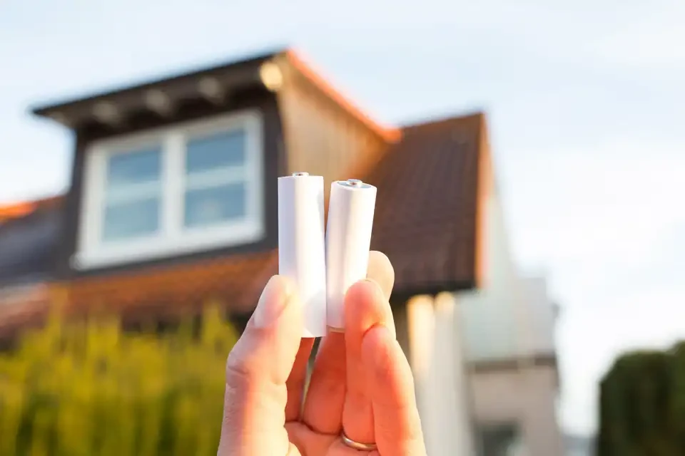 Eine Hand hält zwei Batteriespeicher-Module für Photovoltaikanlagen vor einem Einfamilienhaus - Symbol für moderne Speicherlösungen im Eigenheim