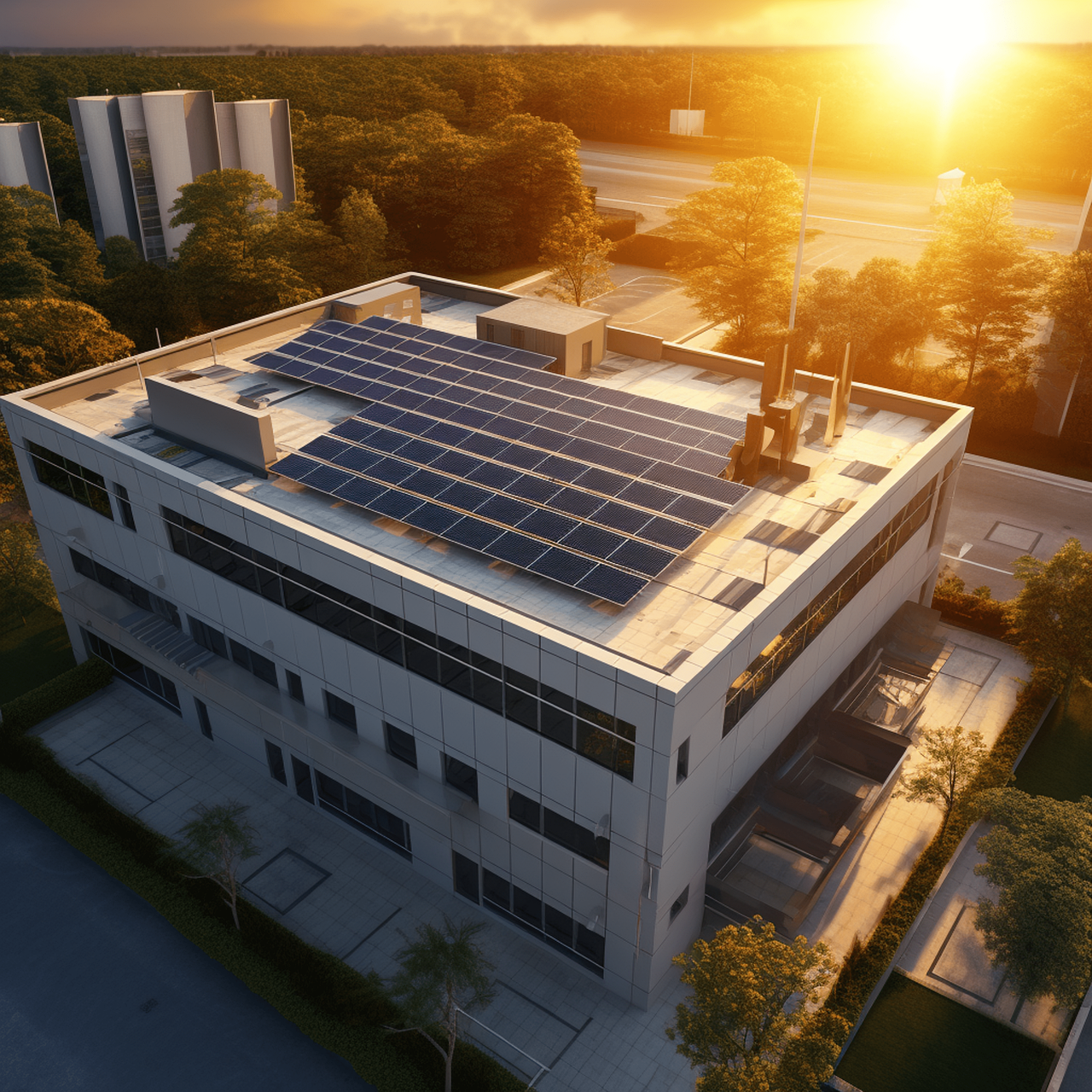 Moderne Photovoltaikanlage auf dem Flachdach eines öffentlichen Gebäudes bei Sonnenaufgang